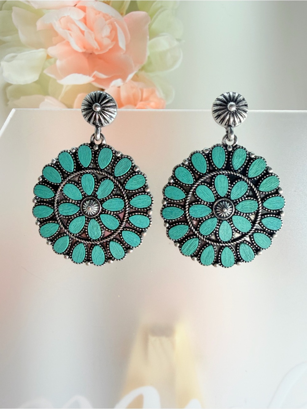 Teal Floral Medallion Drop Earrings - Women Jewelry